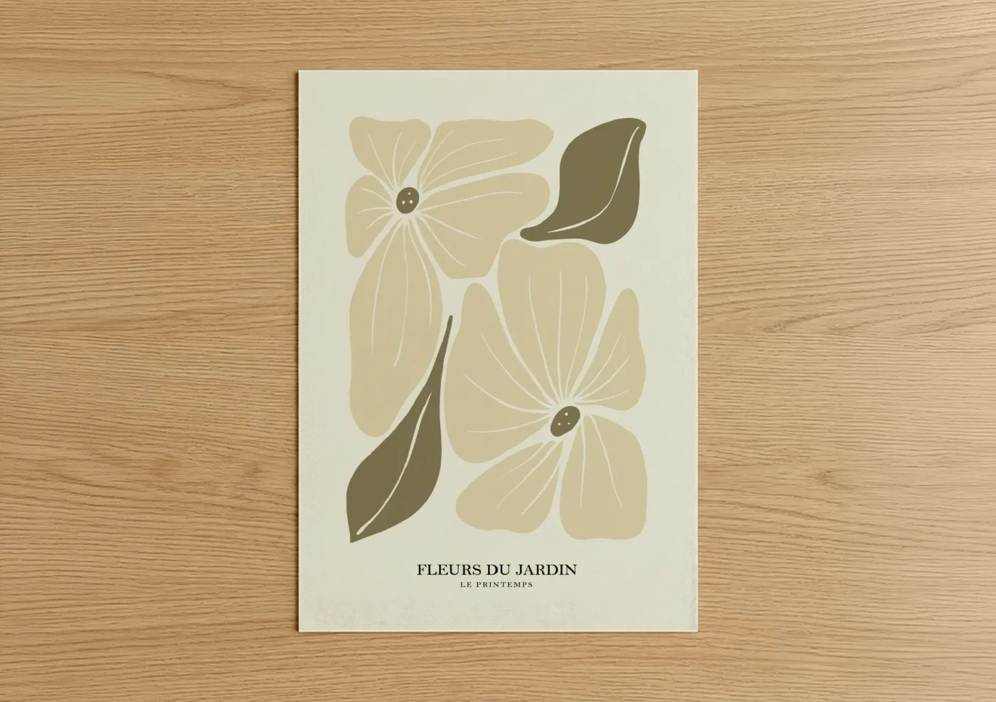 Abstract flower art print on warm oak wood — cream and olive palette — Minimalist Garden Blooms poster