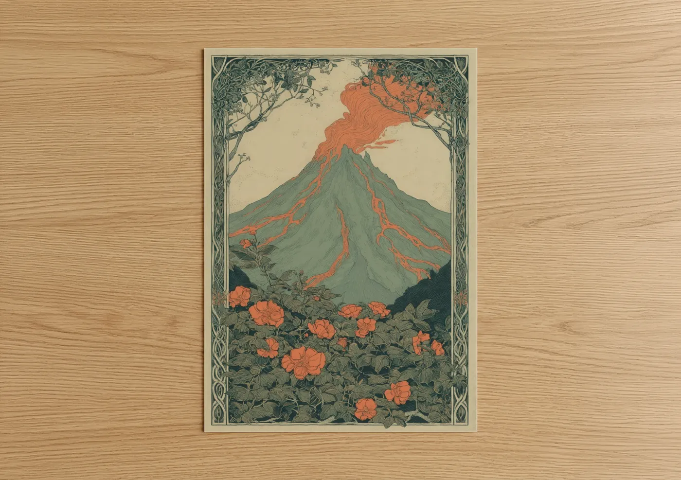 Art print on warm oak wood — teal and pumpkin palette — Erupting Volcano poster