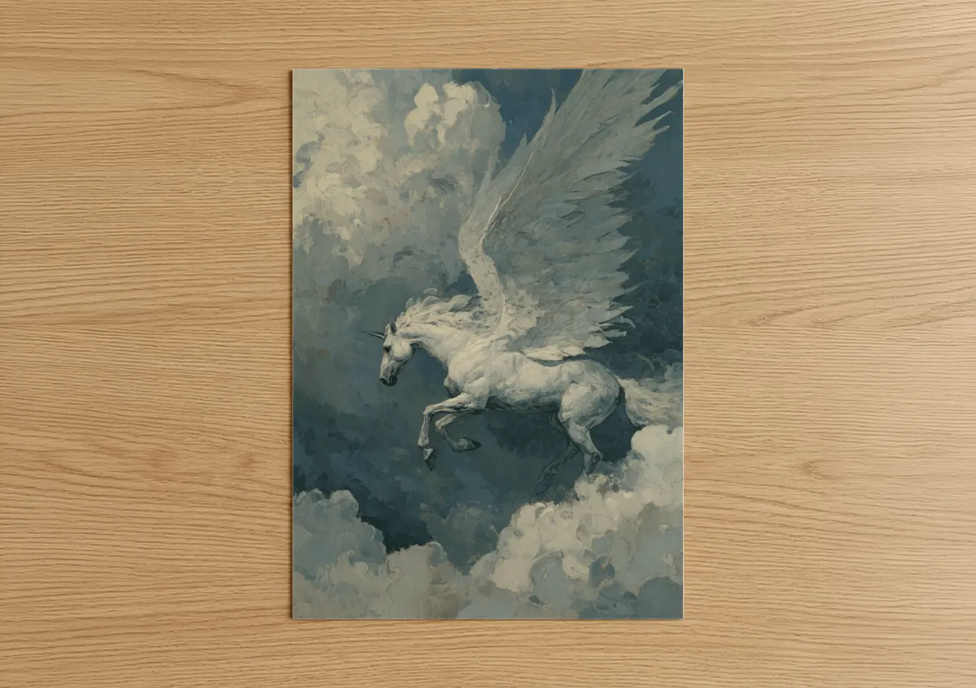 Art print on warm oak wood — white and blue and gray palette — Celestial Pegasus poster