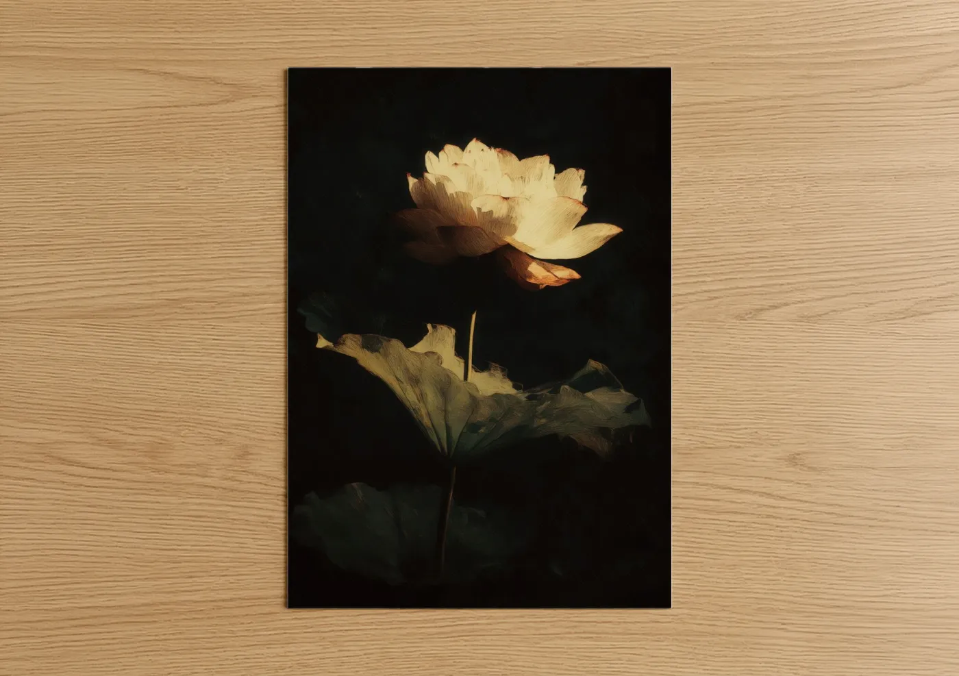 Art print on warm oak wood — gold and black palette — Glowing Lotus poster