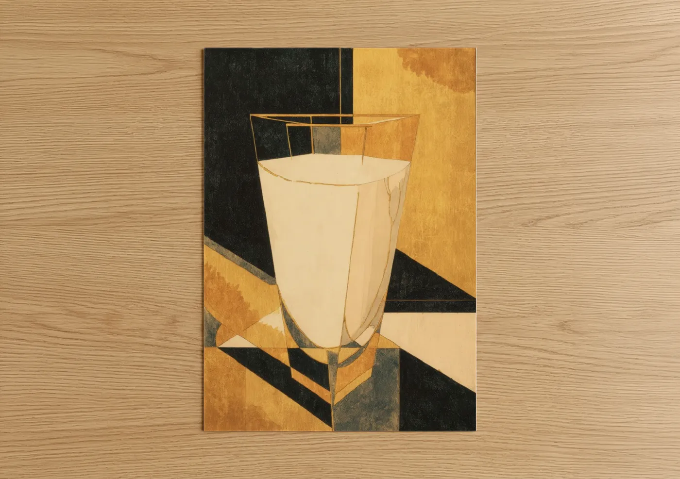 Art print on warm oak wood — gold and black palette — Golden Milk Glass poster