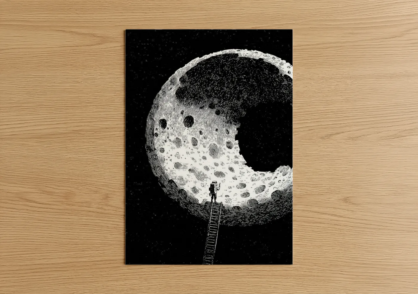 Astronaut Climbing Moon Ladder Night Sky Wall Art