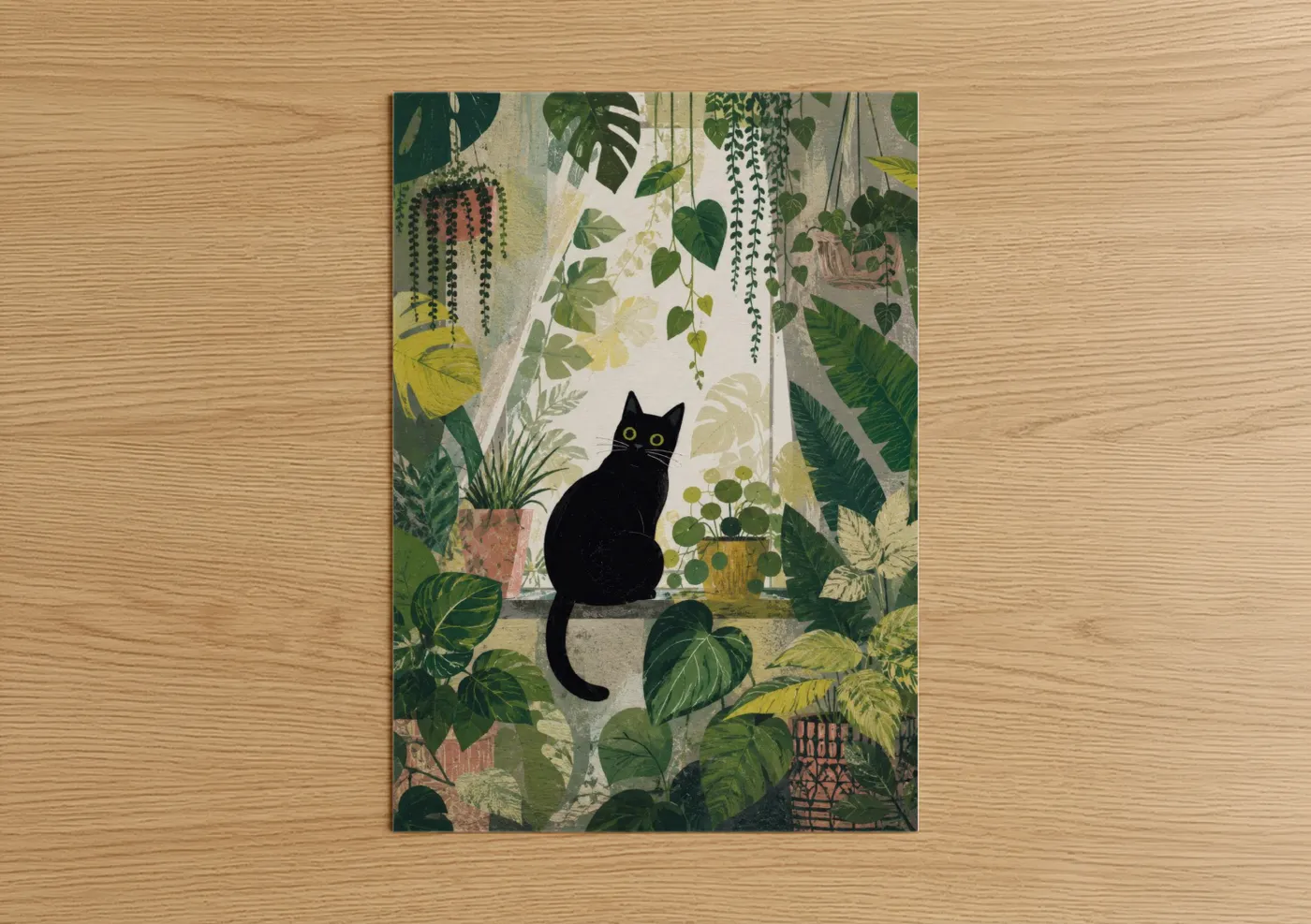 Art print on warm oak wood — true green and yellow palette — Black Cat in Jungle Window Wall Art poster