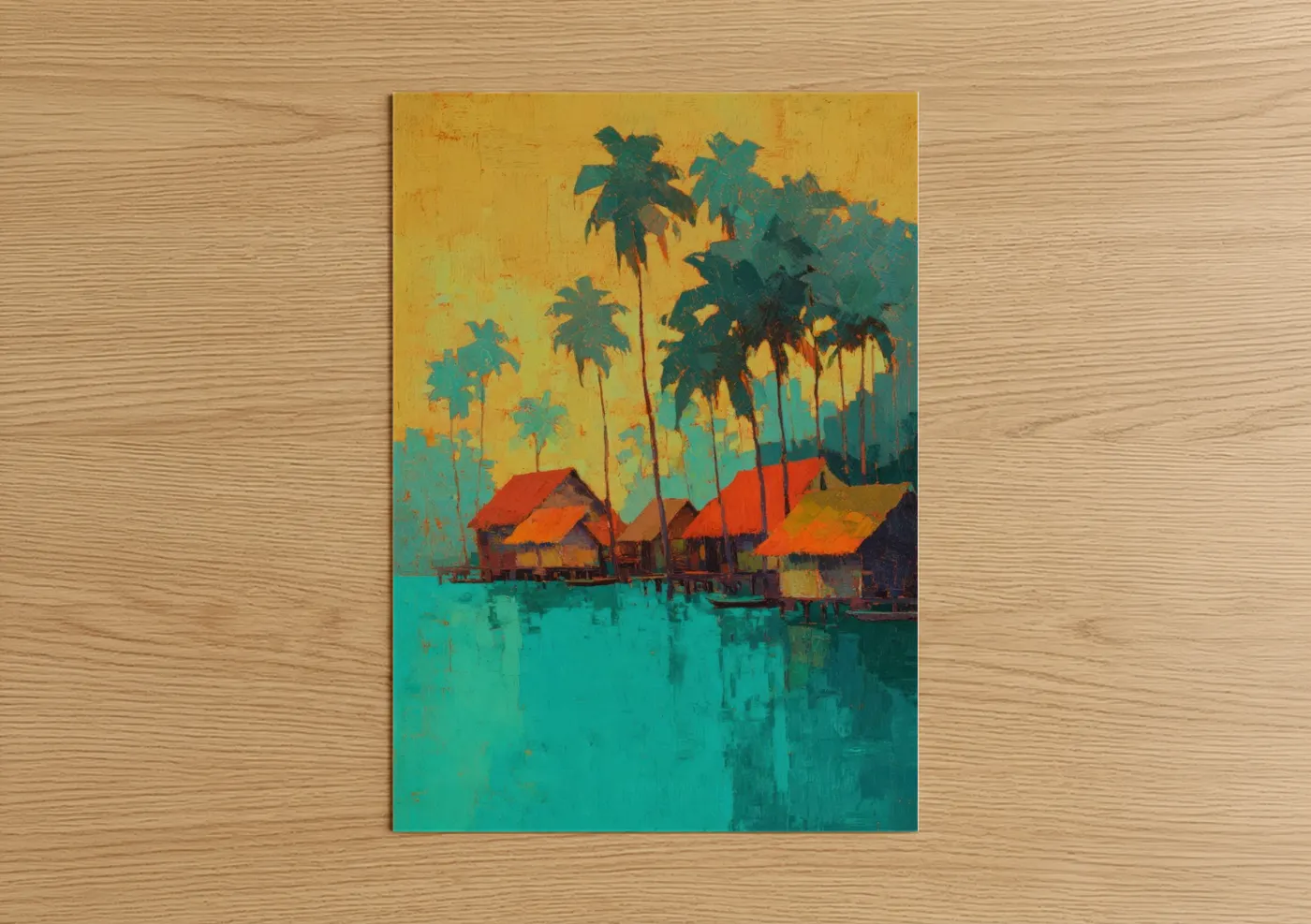 Art print on warm oak wood — yellow gold and teal palette — Tropical Village Sunset poster