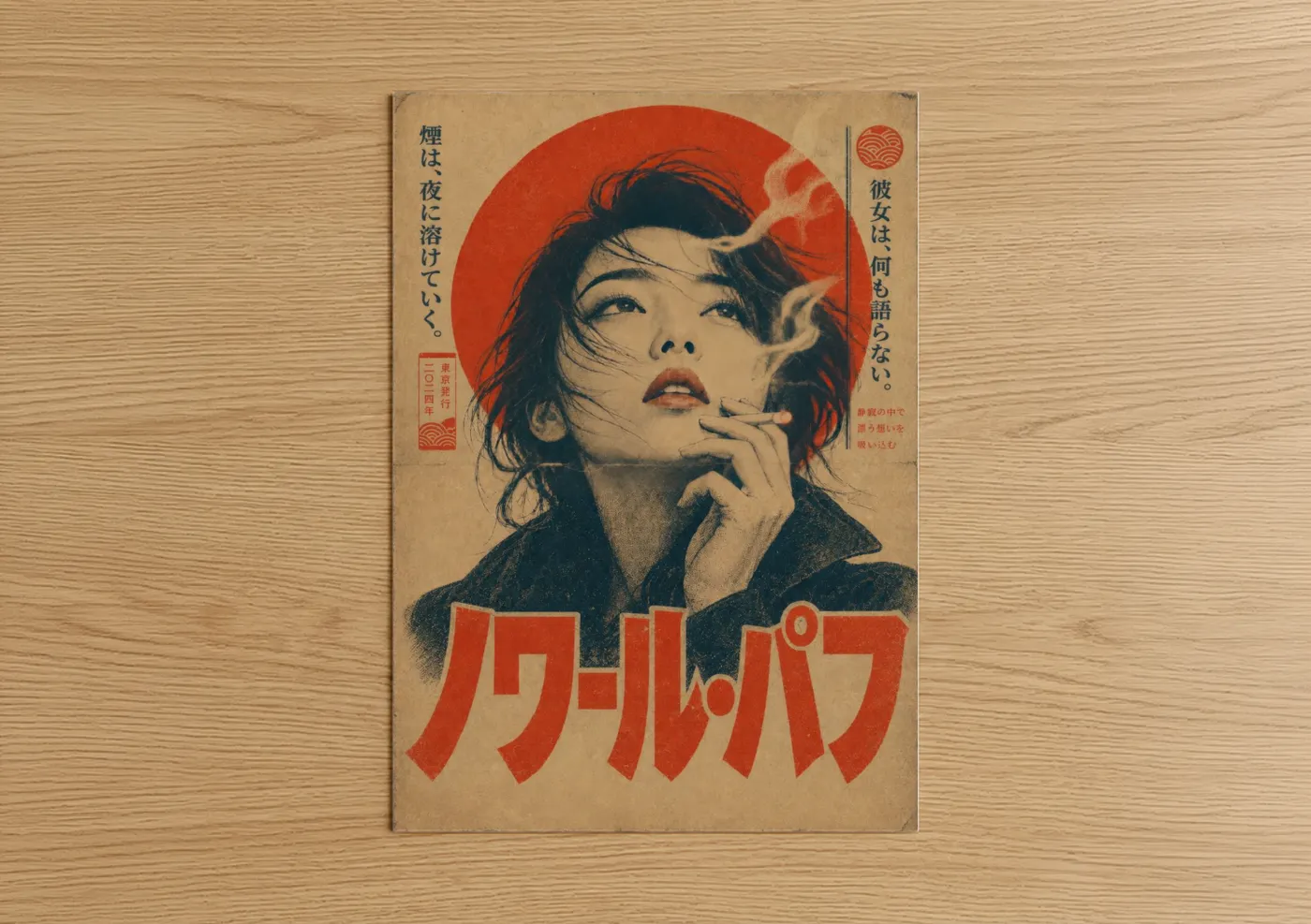 Art print on warm oak wood — red and beige palette — Japanese Retro Smoking Woman Wall Art poster
