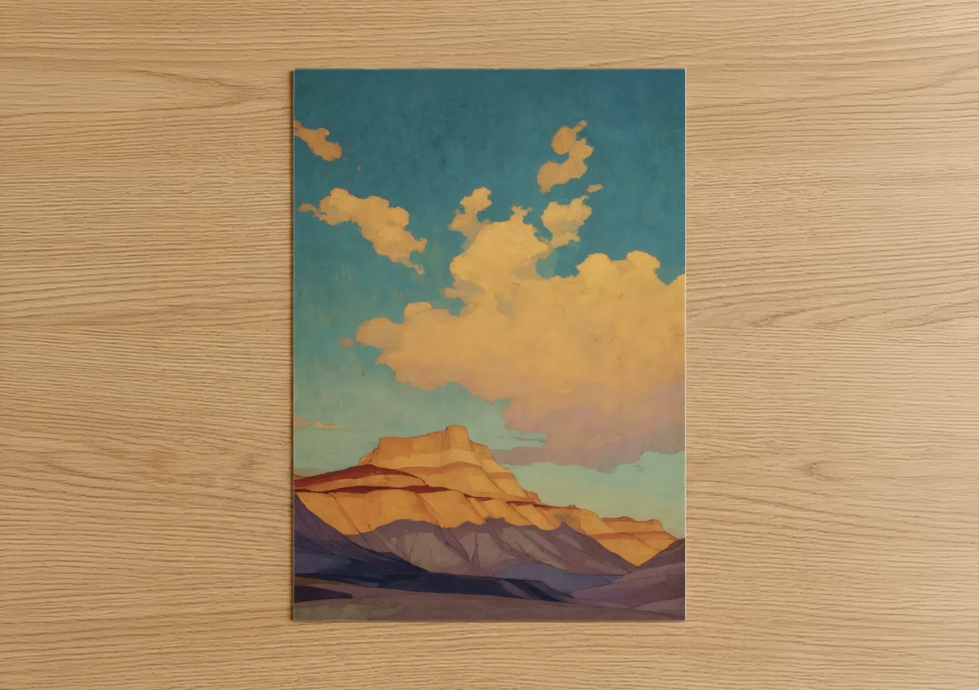 Art print on warm oak wood — gold and teal palette — Golden Dune Landscape poster