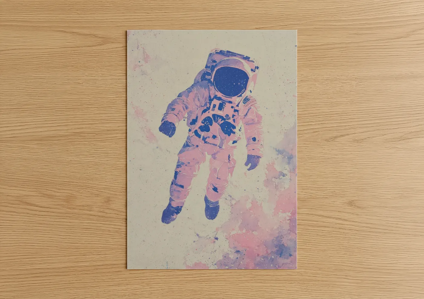 Art print on warm oak wood — pink and blue palette — Cosmic Astronaut poster