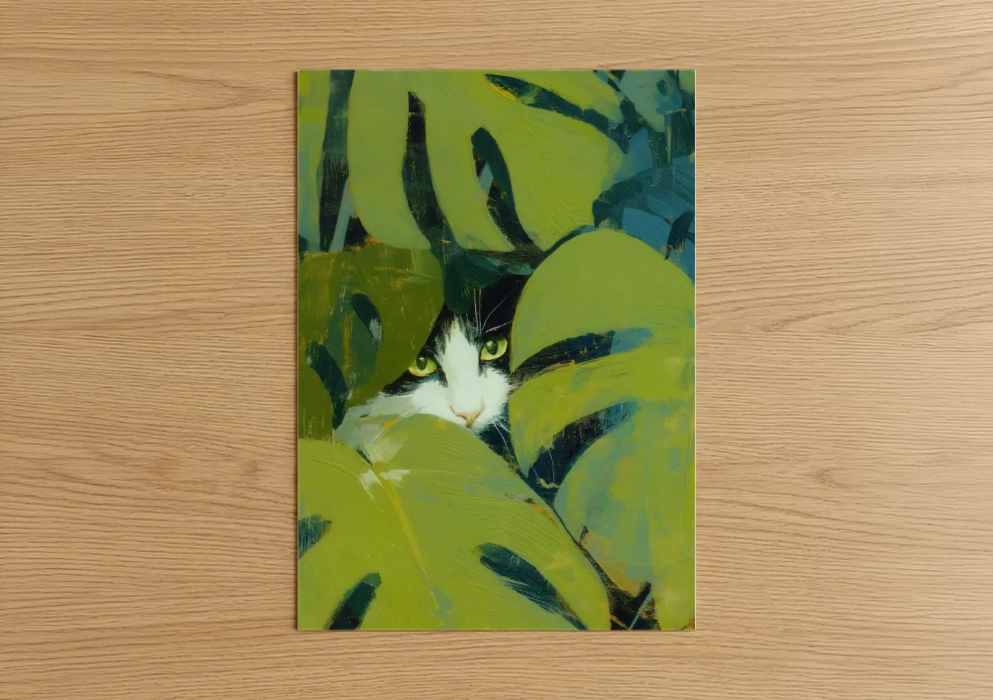 Black and White Cat Lime Green Foliage Wall Art