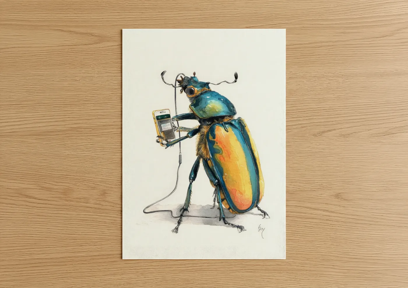 Art print on warm oak wood — blue and gold palette — Steampunk Beetle poster