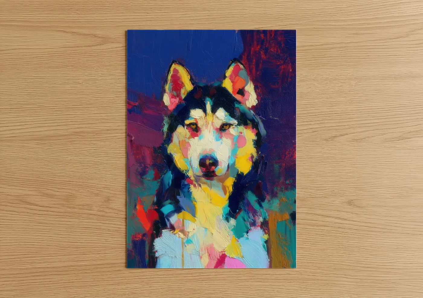 Art print on warm oak wood — blue and yellow gold palette — Colorful Husky Portrait poster