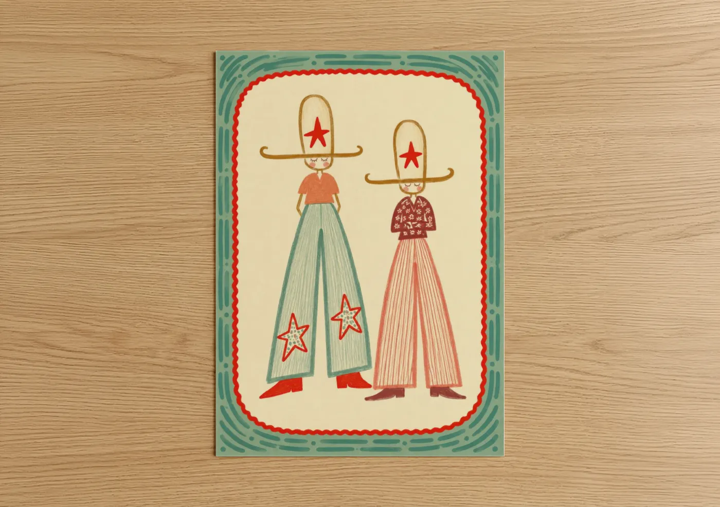 Fantasy and sci fi art print on warm oak wood — teal and red palette — Whimsical Folk Characters Wall Art poster