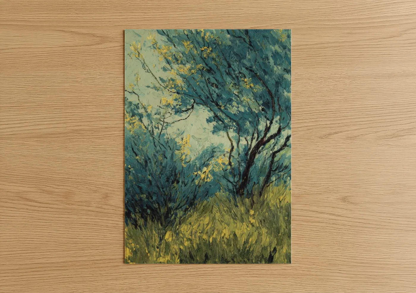 Savanna and desert trees art print on warm oak wood — teal and yellow gold palette — Golden Savanna Trees poster