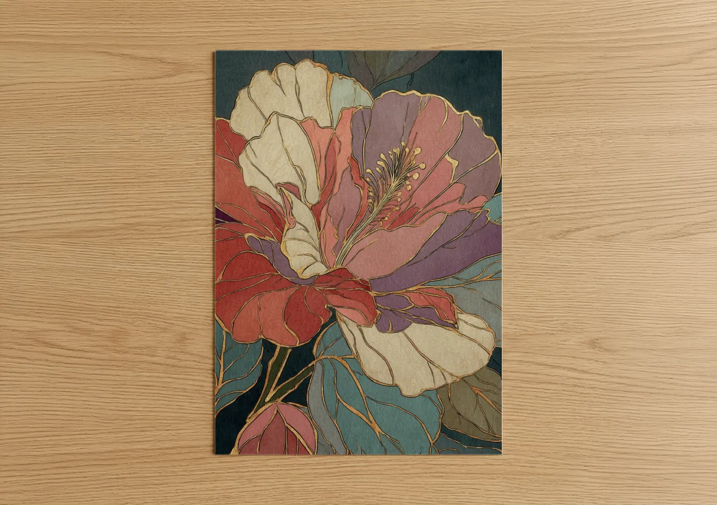 Art print on warm oak wood — rose gold and dark blue palette — Jeweled Hibiscus poster