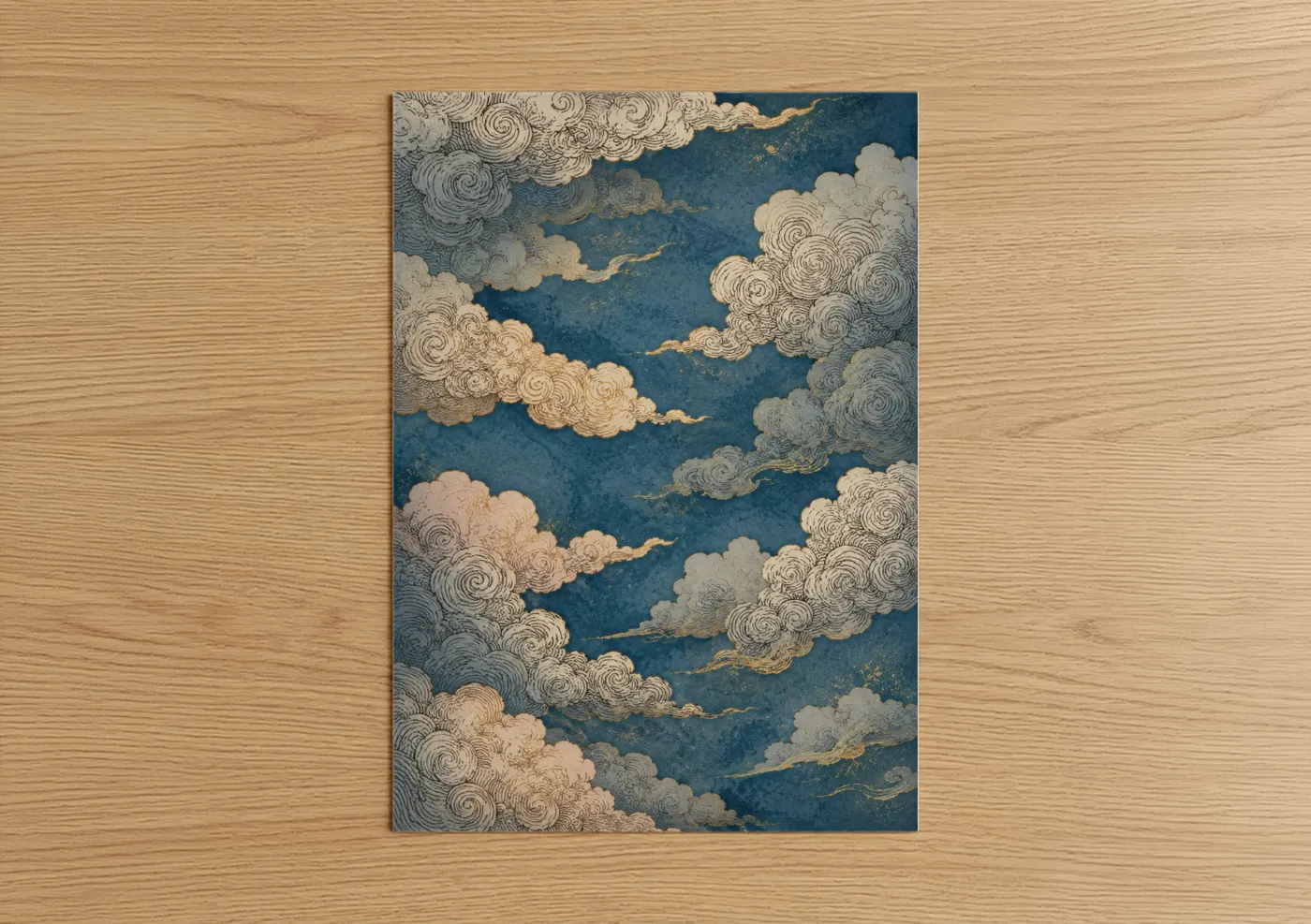 Art print on warm oak wood — blue and gold palette — Japanese Cloud Sky Wall Art poster