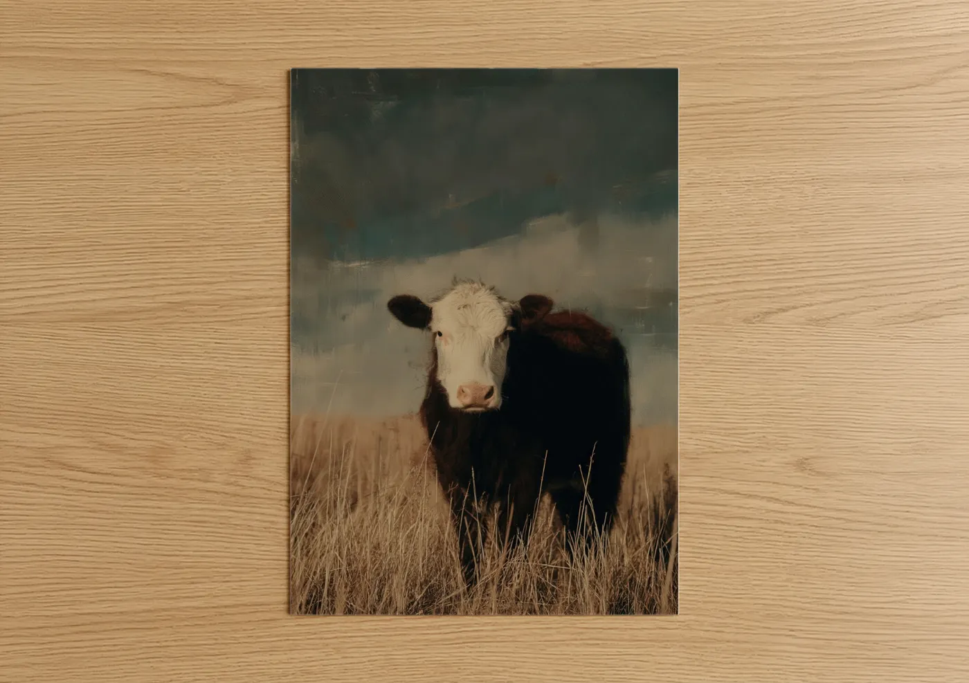Jersey cow art print on warm oak wood — cream and dove gray palette — Cream-Faced Cow poster