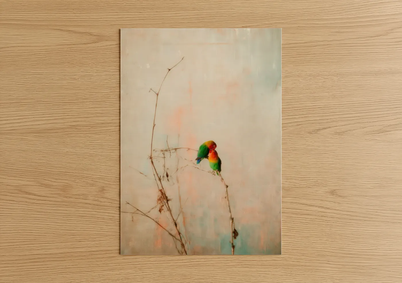 Safari parrots art print on warm oak wood — cream and sage green palette — Colorful Parrots Branch poster