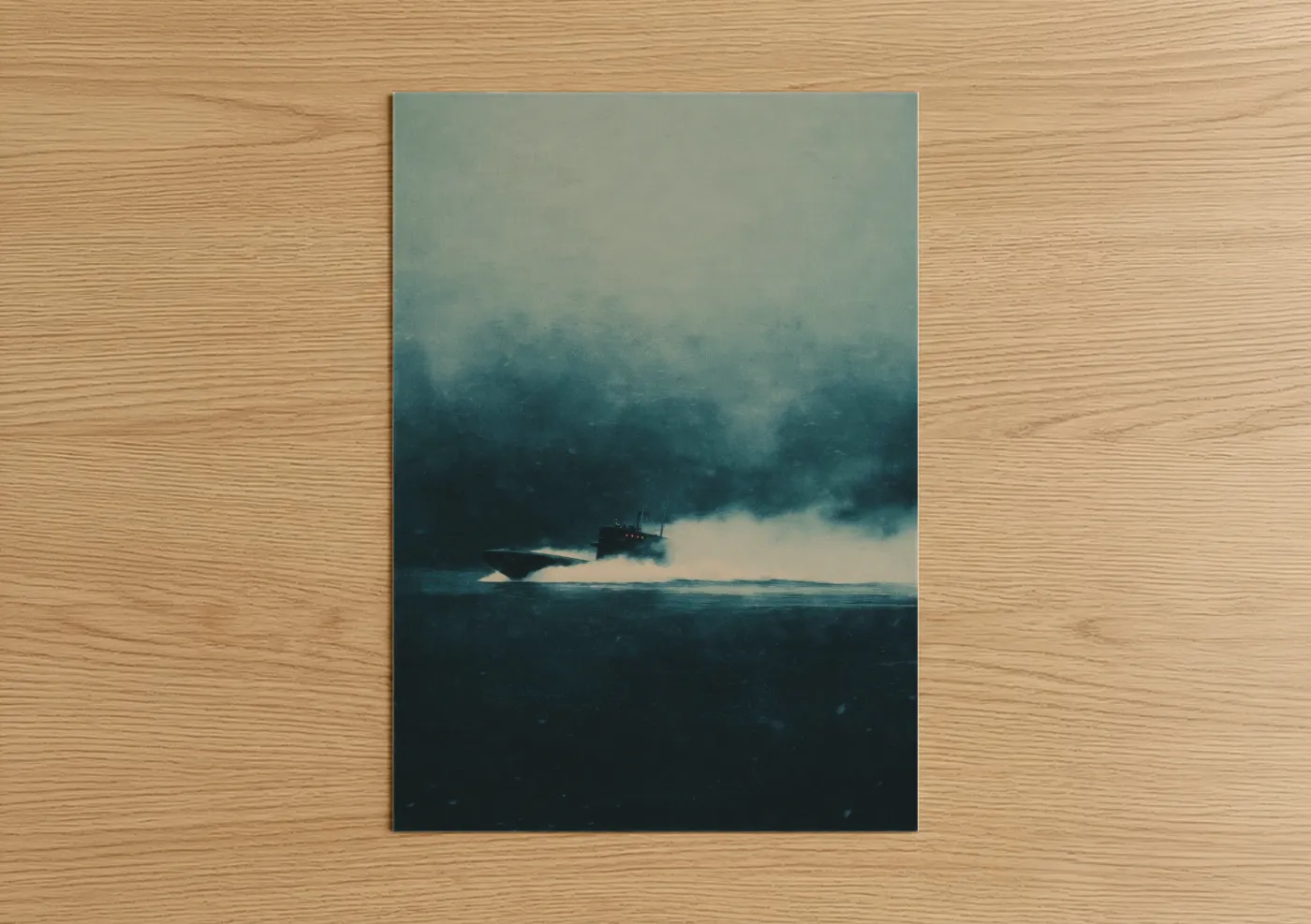 Art print on warm oak wood — dark blue and gray palette — Misty Submarine poster