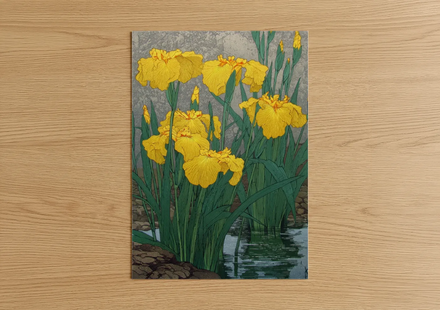 Amarillys art print on warm oak wood — yellow gold and true green palette — Yellow Iris Wetland poster