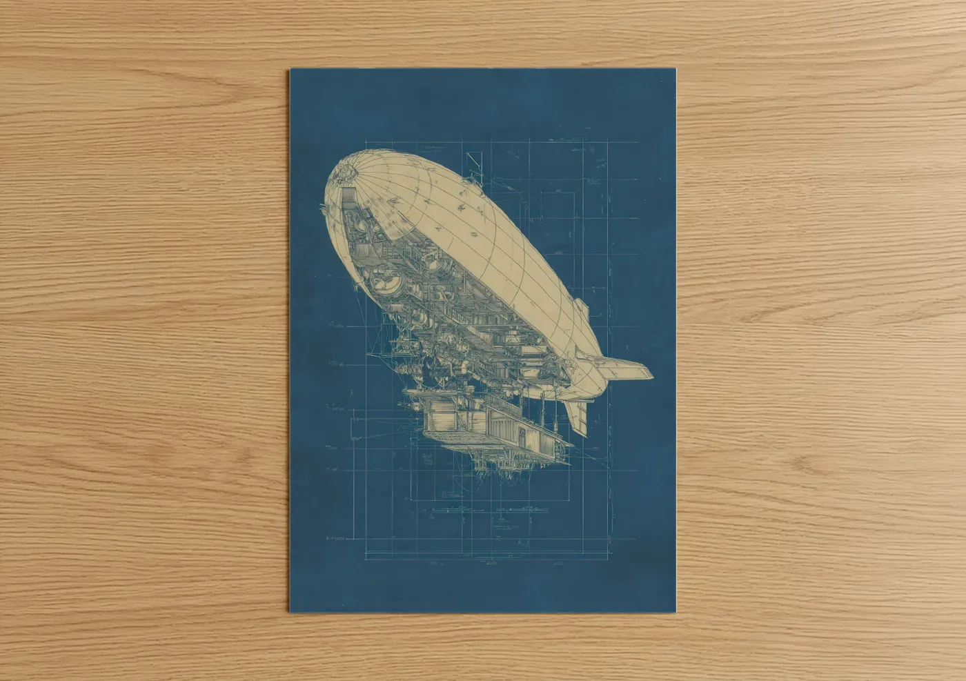 Art print on warm oak wood — dark blue and cream palette — Steampunk Airship Blueprint poster