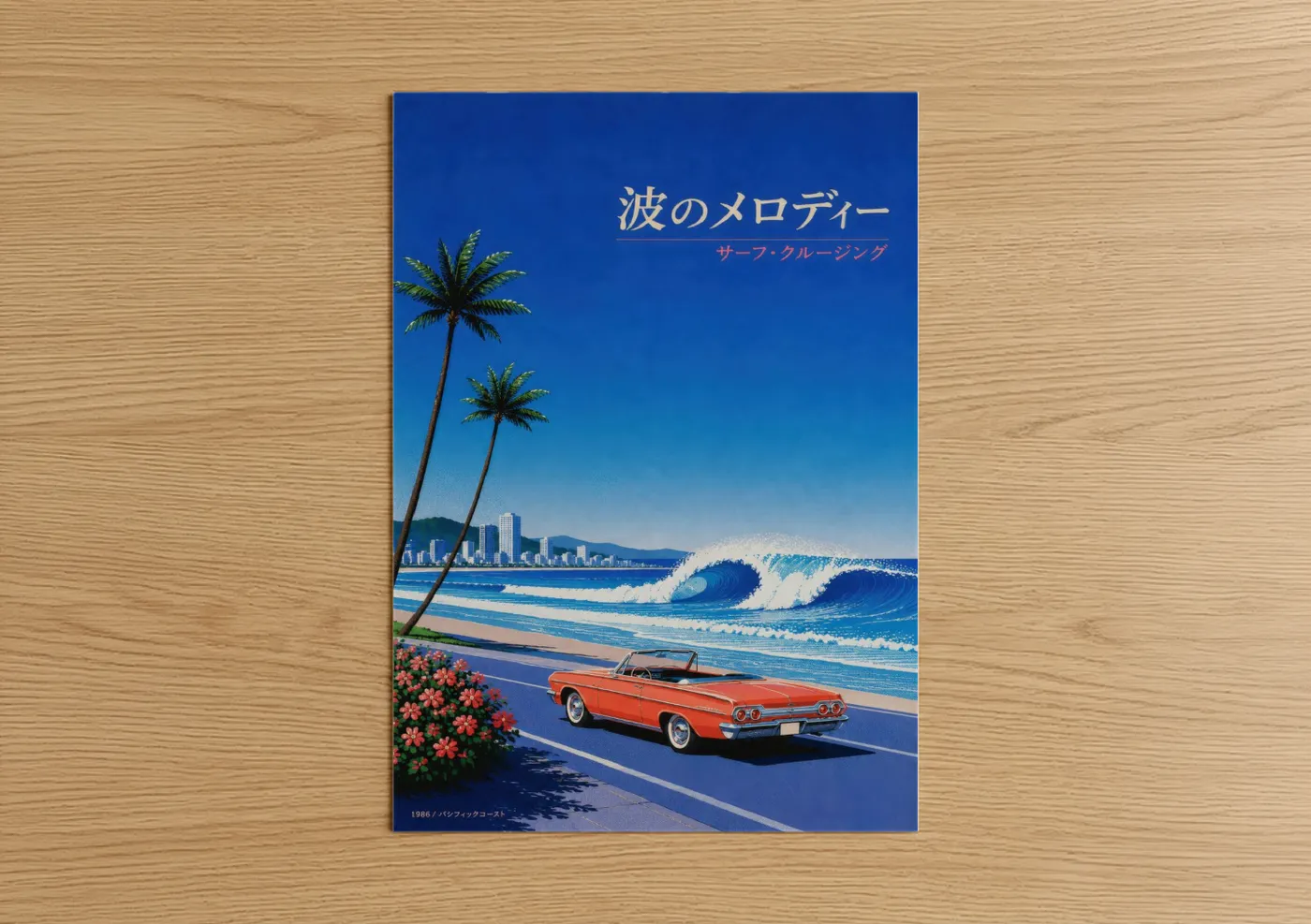 Sandy beach art print on warm oak wood — royal blue and orange palette — Retro Coastal Paradise Japanese Wall Art poster