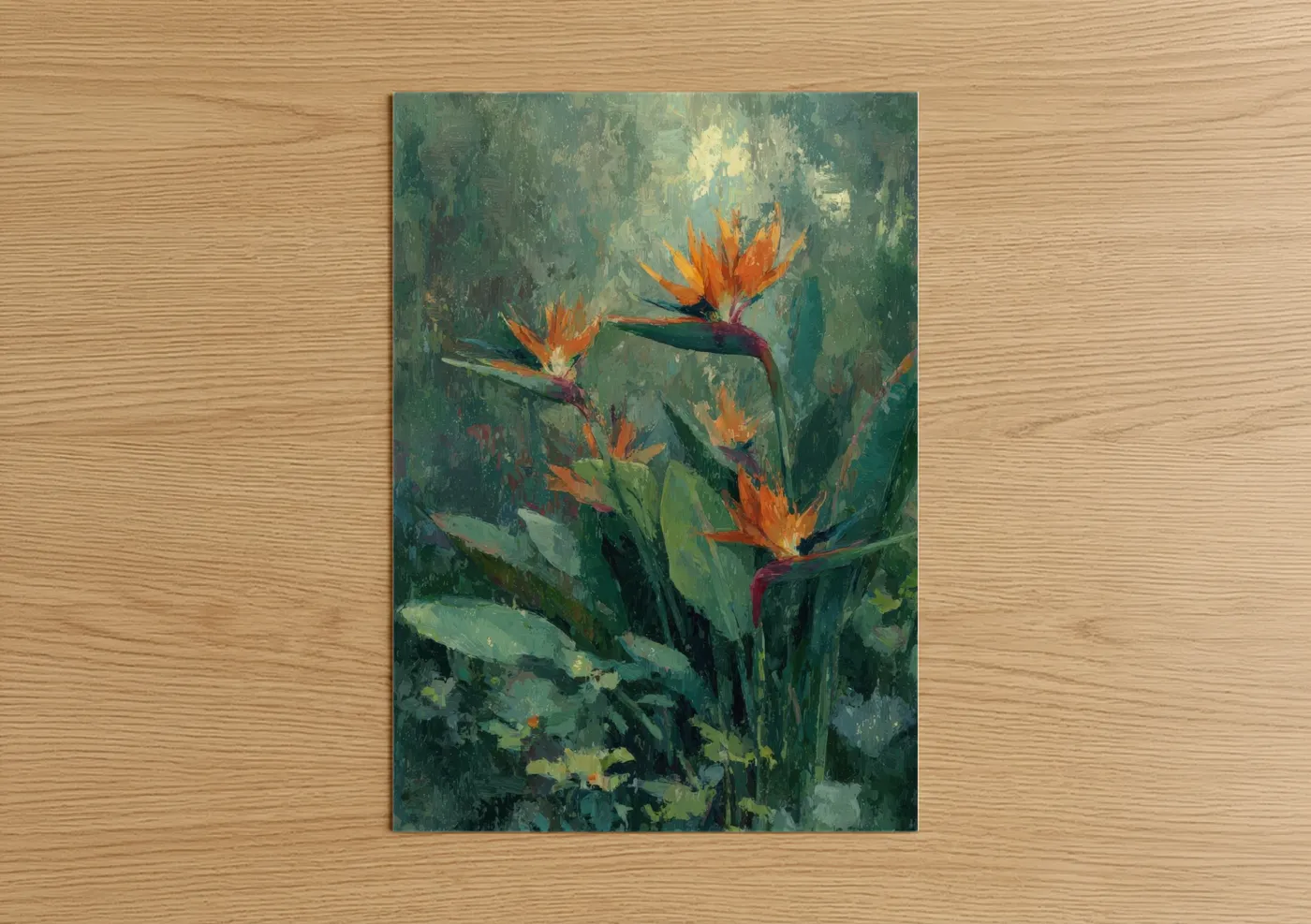 Birds of paradise art print on warm oak wood — teal and orange palette — Tropical Paradise Blooms poster