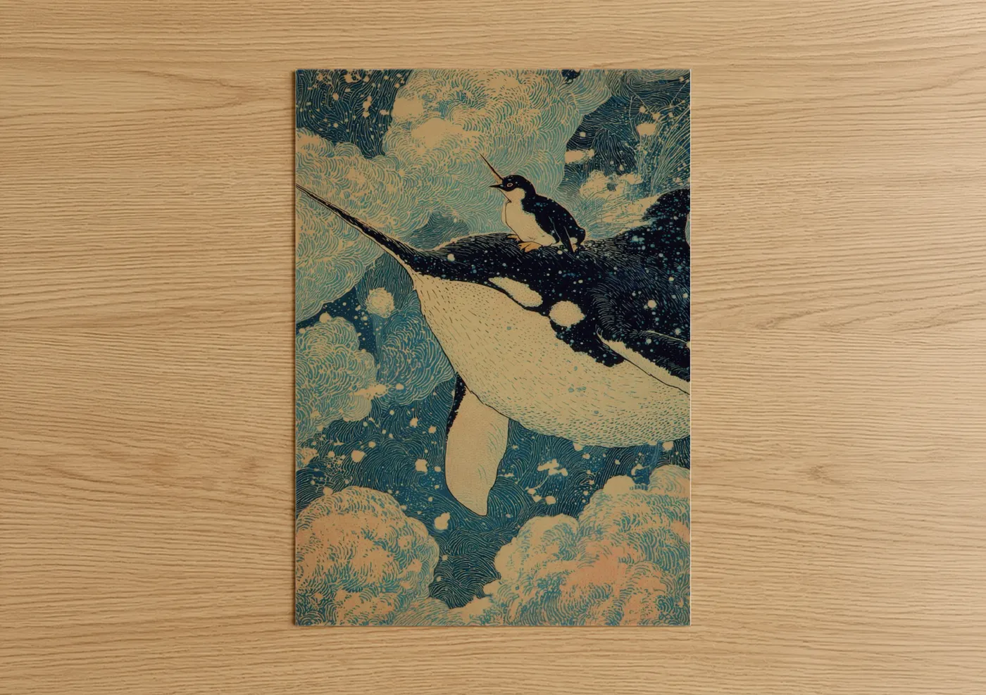 Penguin art print on warm oak wood — teal and cream palette — Arctic Narwhal poster