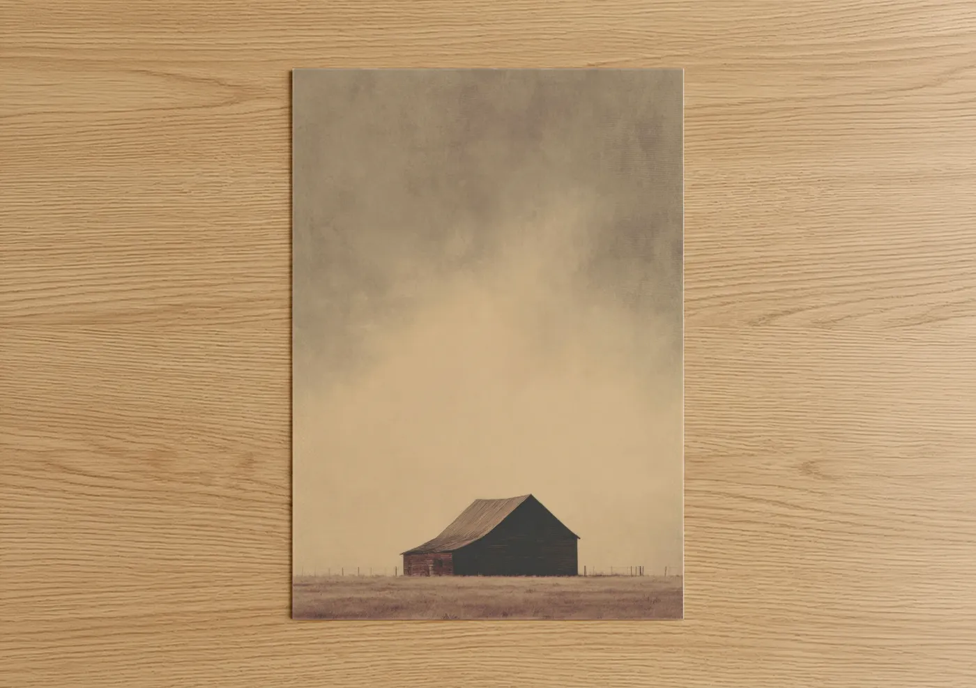 Art print on warm oak wood — beige and dove gray palette — Solitary Barn poster