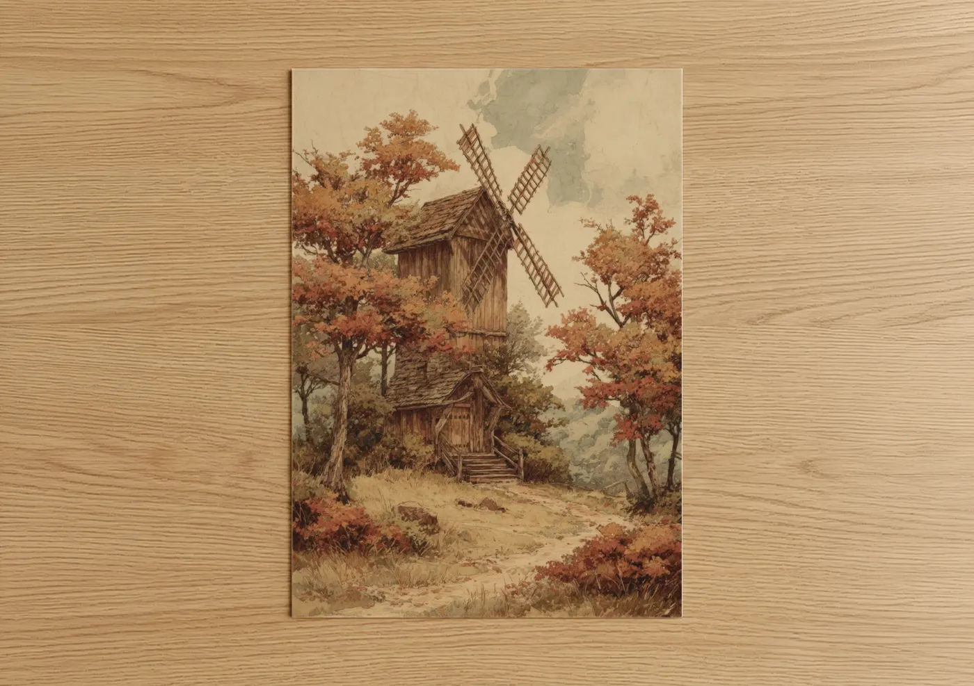 Windmills art print on warm oak wood — russet and cream palette — Autumn Windmill poster