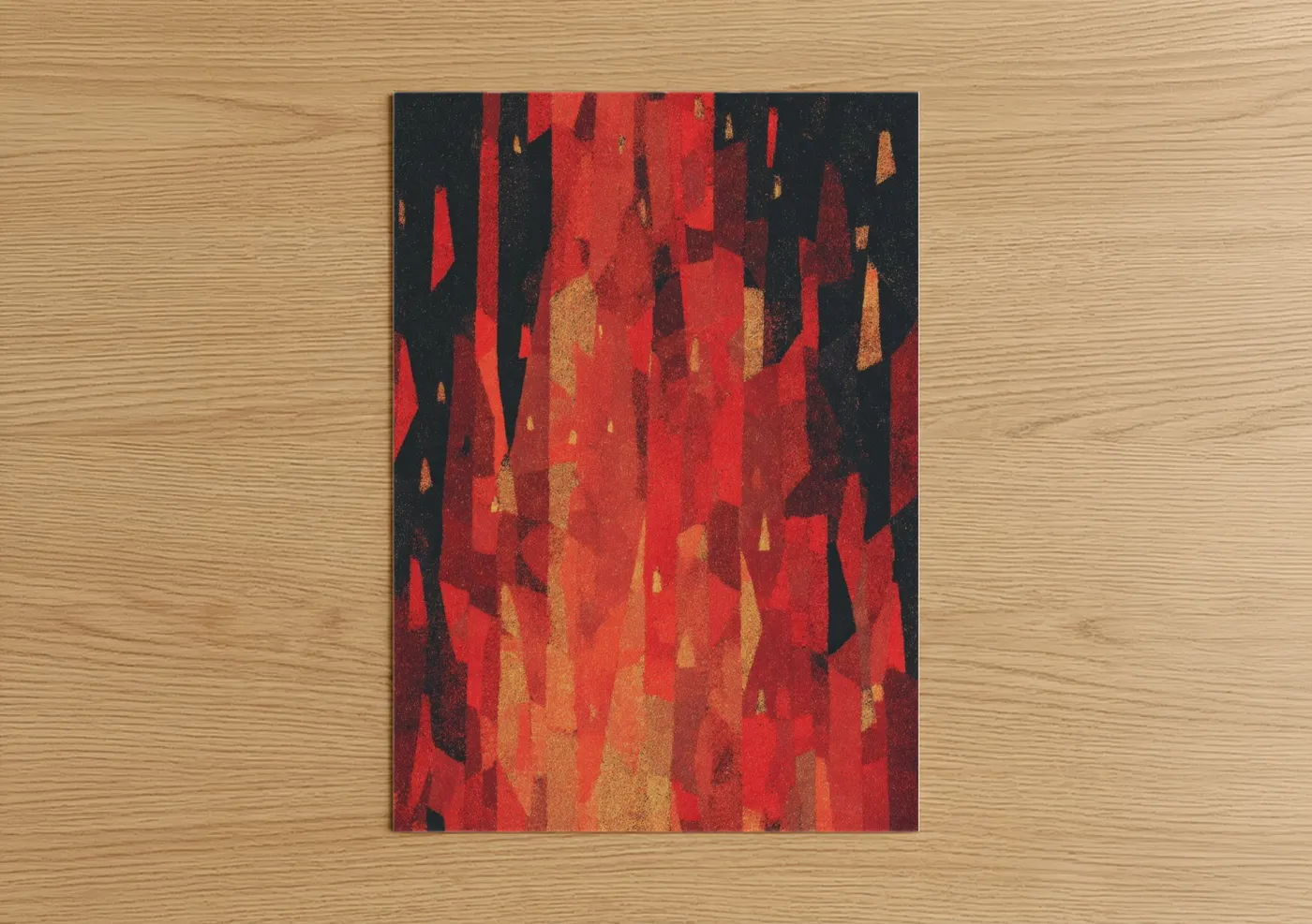 Art print on warm oak wood — red and gold palette — Pentecost Fire poster