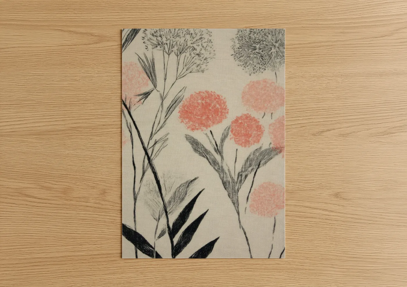 Fashion illustration art print on warm oak wood — peach and gray palette — Botanical Fashion Sketch poster