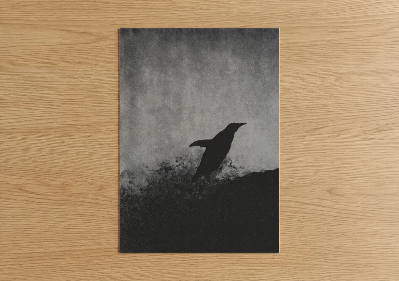 Art print on warm oak wood — black and white and gray palette — Diving Penguin poster