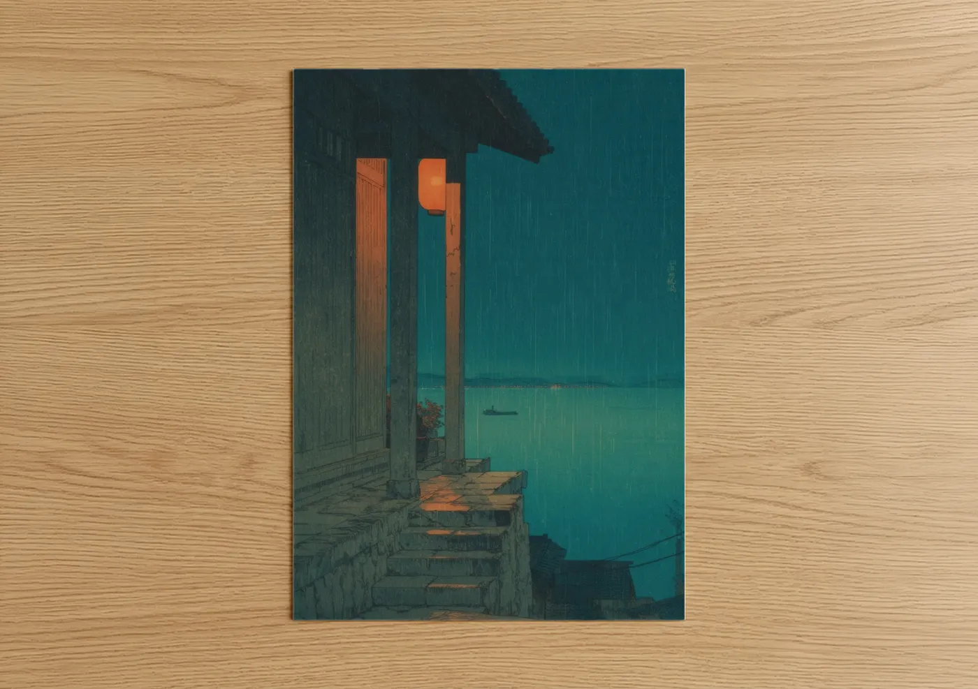 Art print on warm oak wood — teal palette — Coastal Columns poster