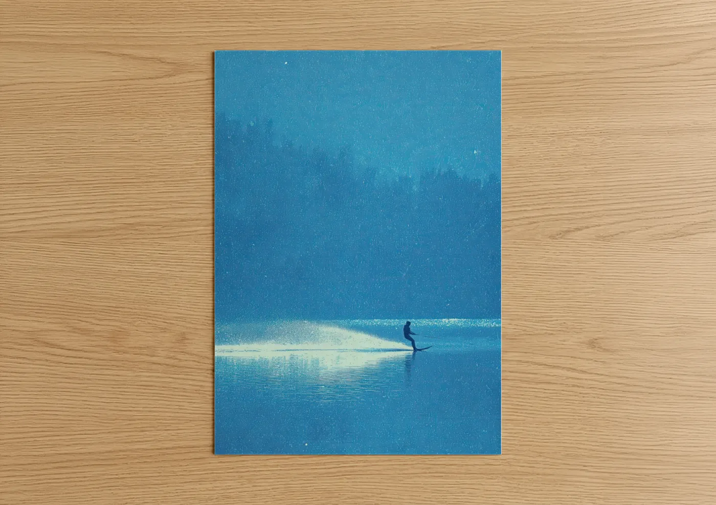 Water skiing art print on warm oak wood — blue and turquoise palette — Solitary Surfer poster