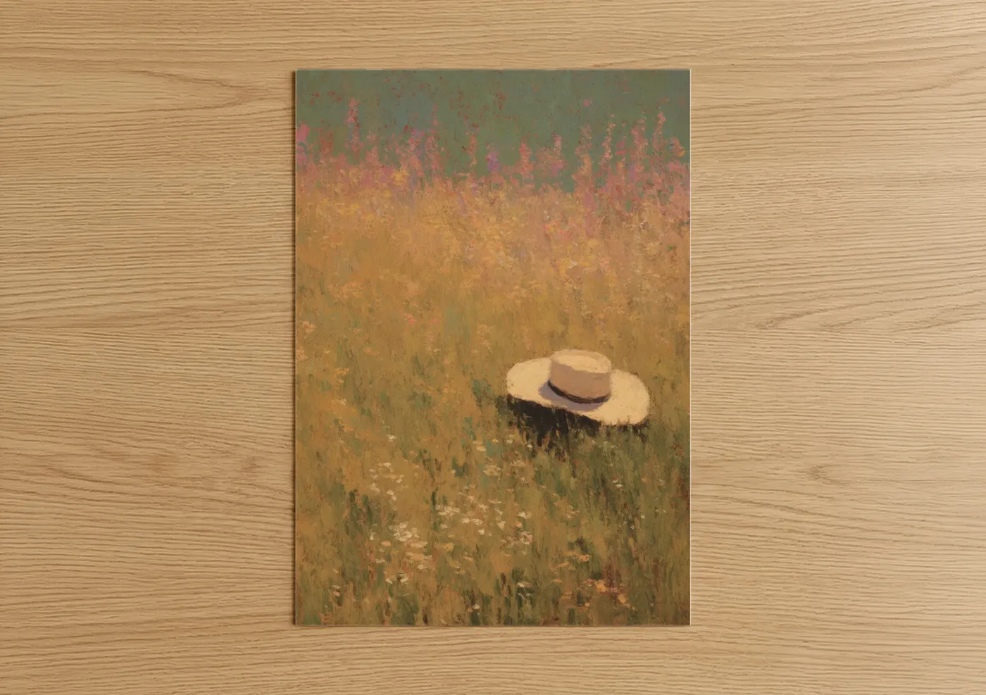 Country art print on warm oak wood — gold and salmon pink palette — Prairie Hat poster