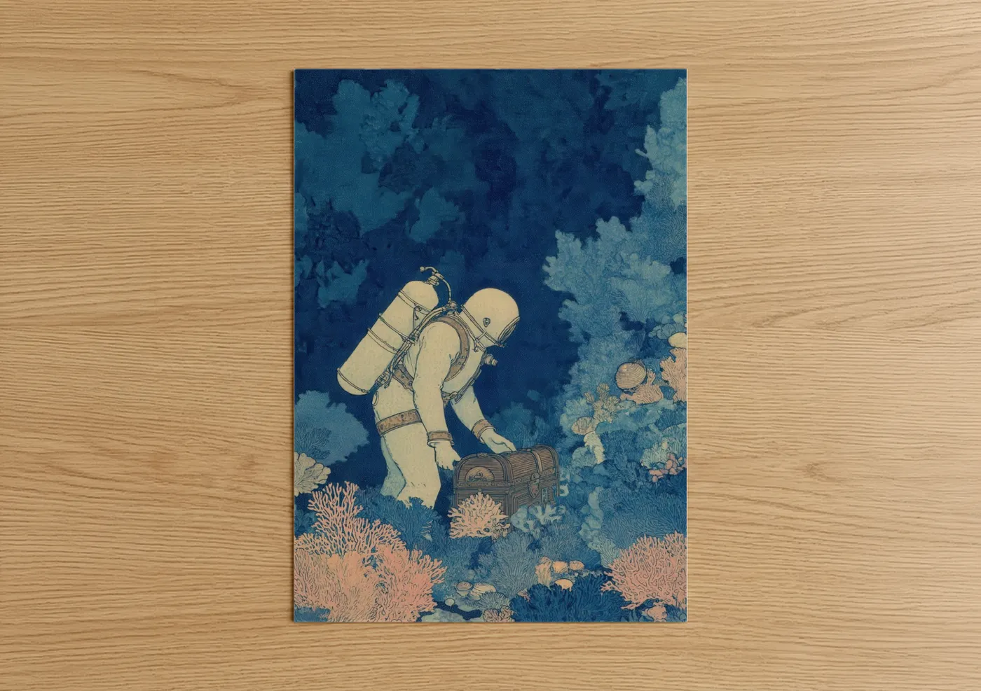 Diving art print on warm oak wood — blue and salmon pink palette — Underwater Explorer poster