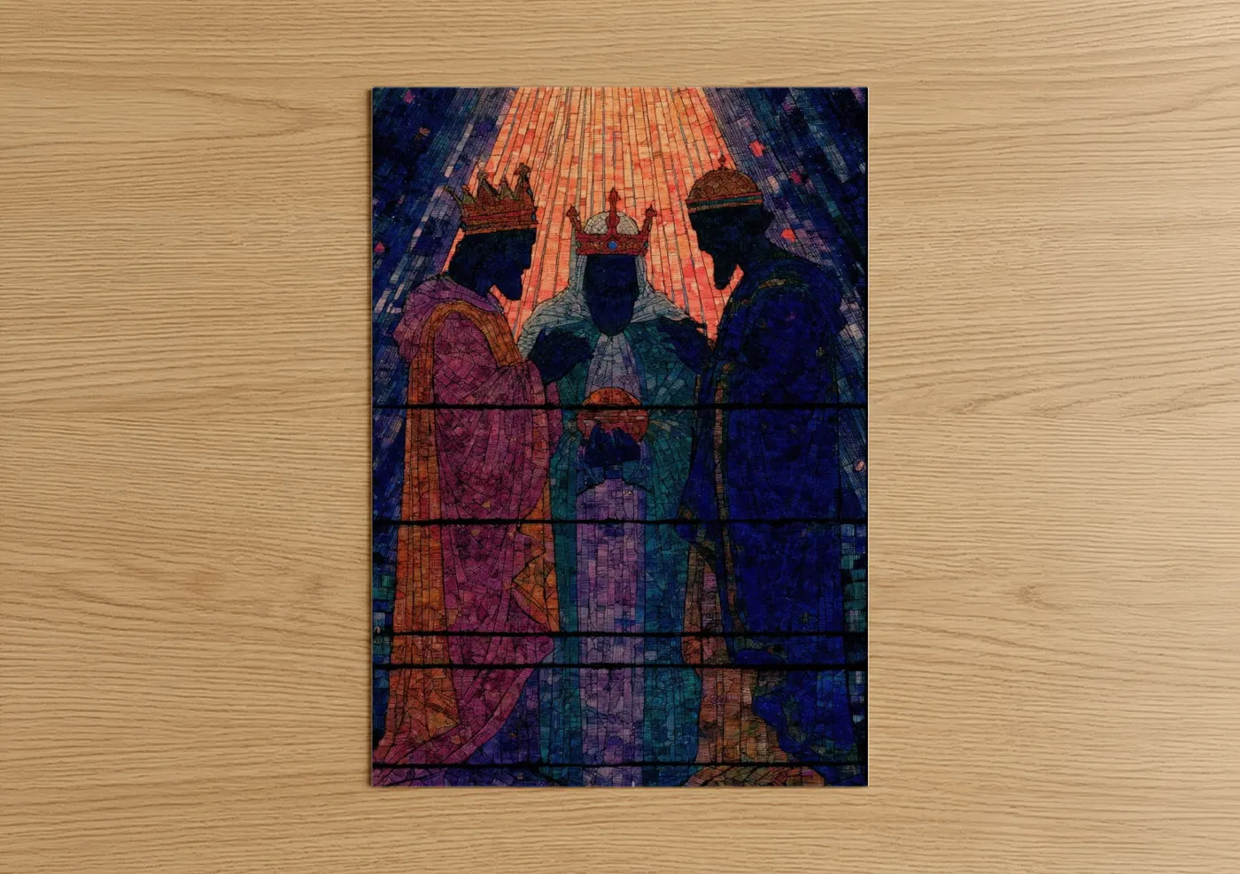 Epiphany art print on warm oak wood — blue and gold palette — Three Kings Stained Glass poster
