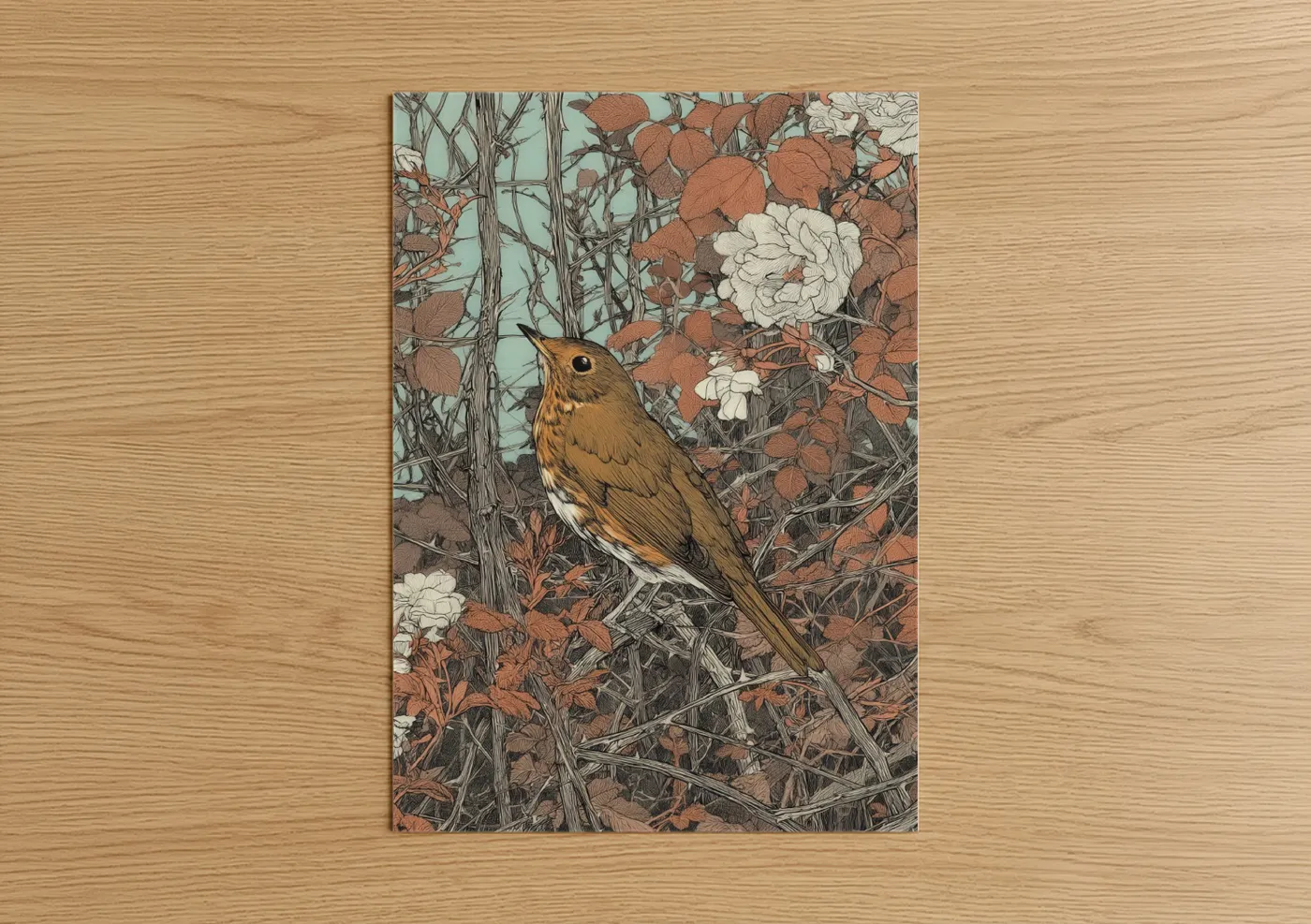 Art print on warm oak wood — cream palette — Golden Thrush Autumn poster