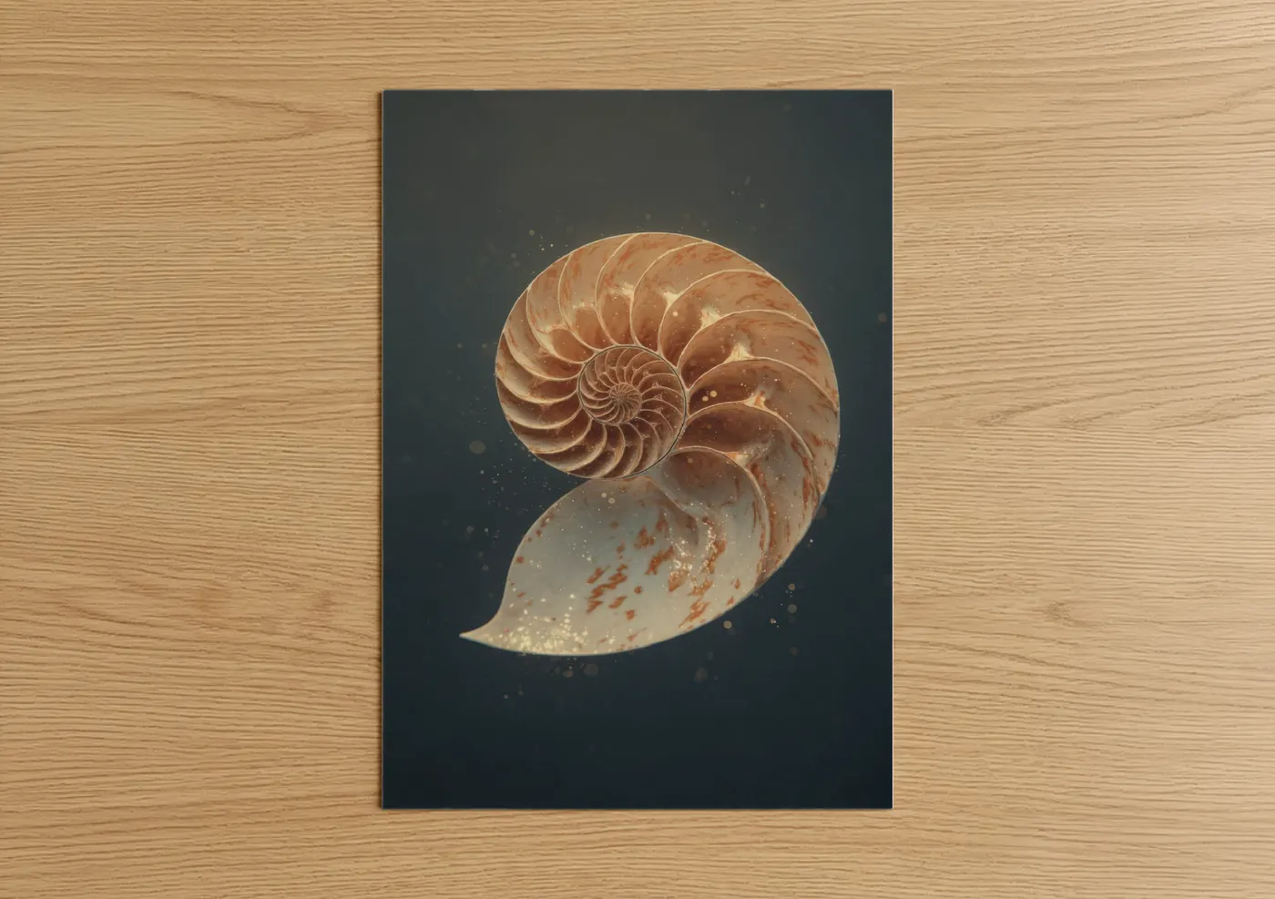 Seashell art print on warm oak wood — gold and dove gray palette — Golden Nautilus poster