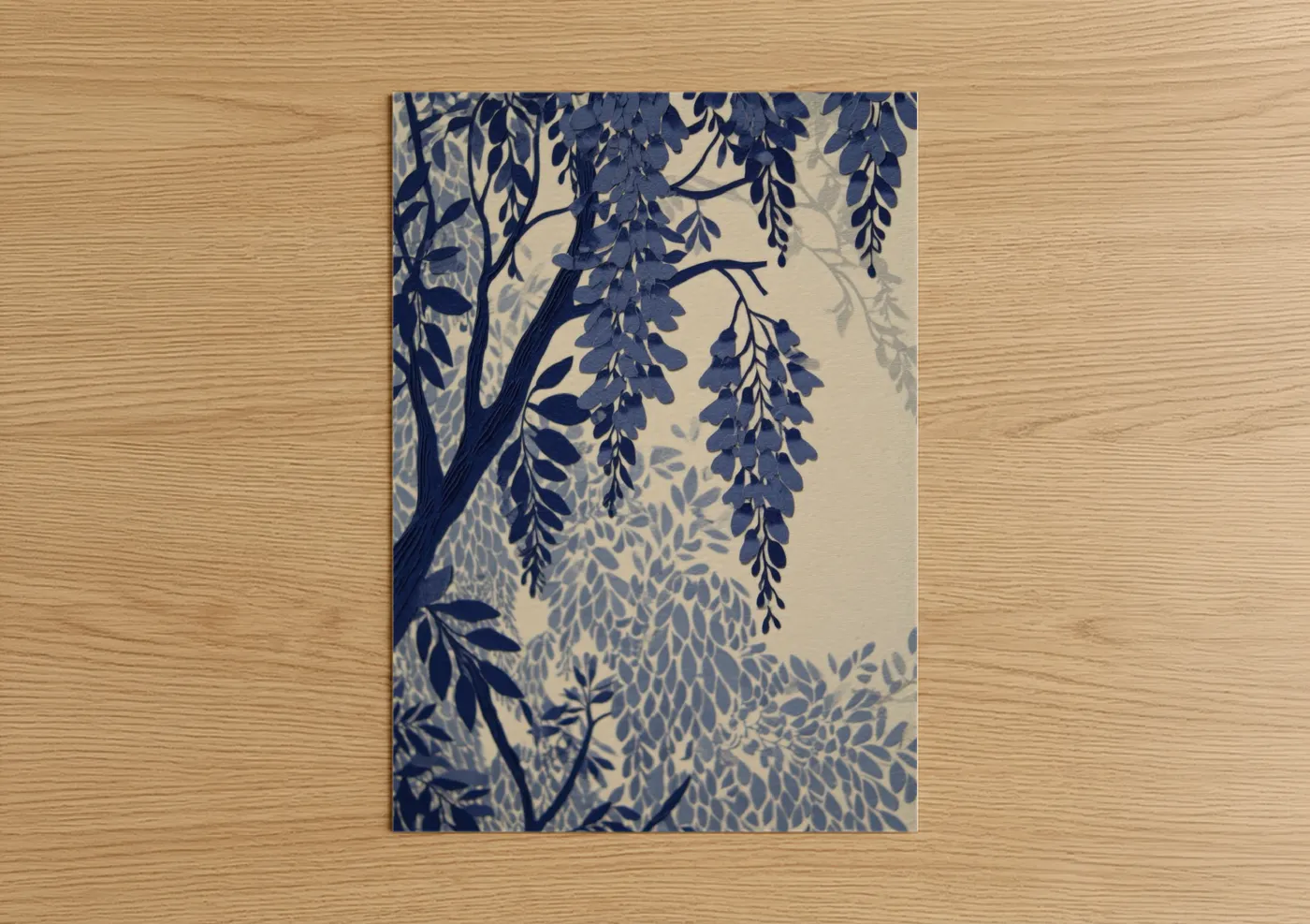 Art print on warm oak wood — blue and cream palette — Indigo Wisteria poster