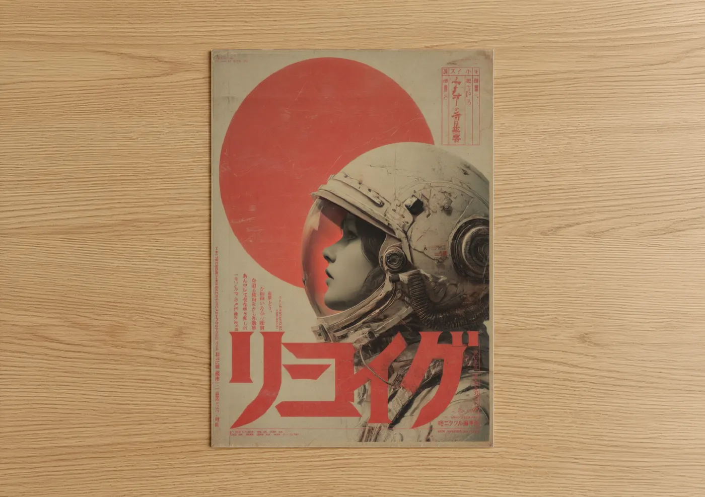 Japanese retrofuturism art print on warm oak wood — red and cream palette — Cosmic Astronaut poster