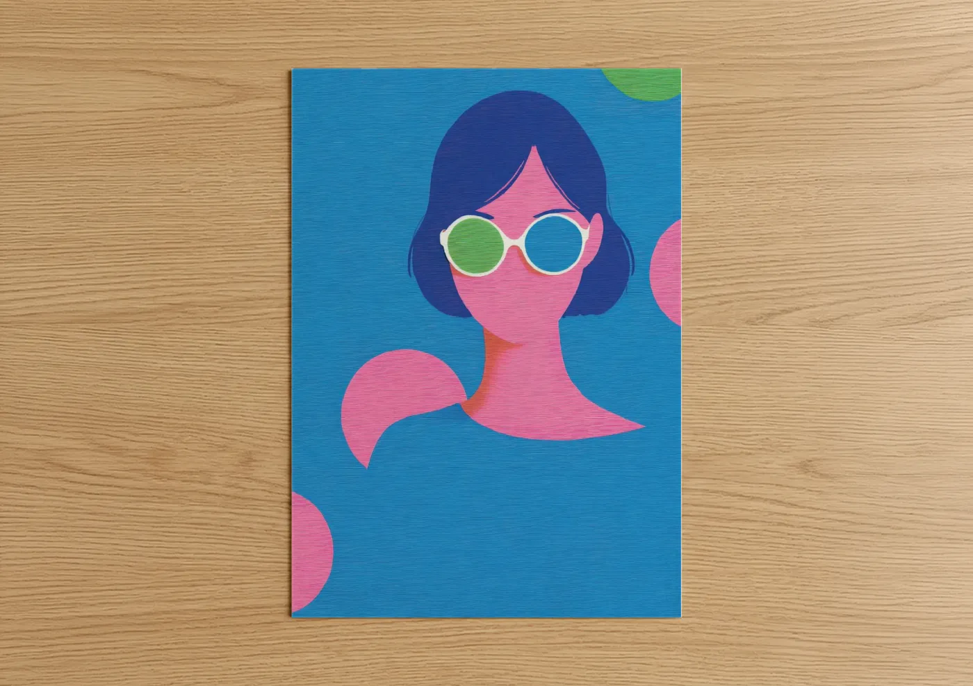 Fashion illustration art print on warm oak wood — blue and pink palette — Retro Fashion Portrait poster