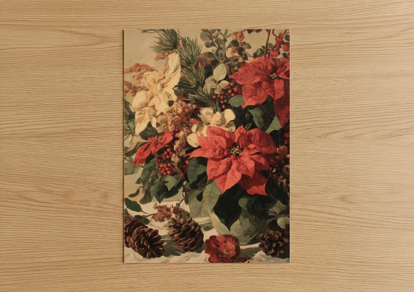 Poinsettias art print on warm oak wood — red and cream palette — Festive Poinsettia Arrangement poster