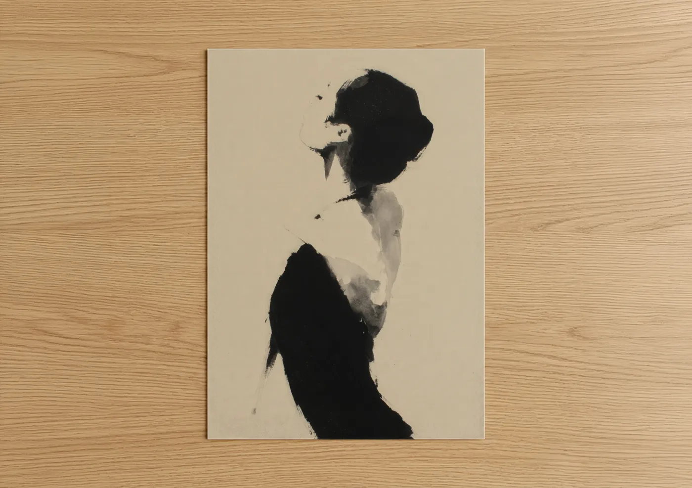 Ballet art print on warm oak wood — black and beige palette — Graceful Silhouette poster