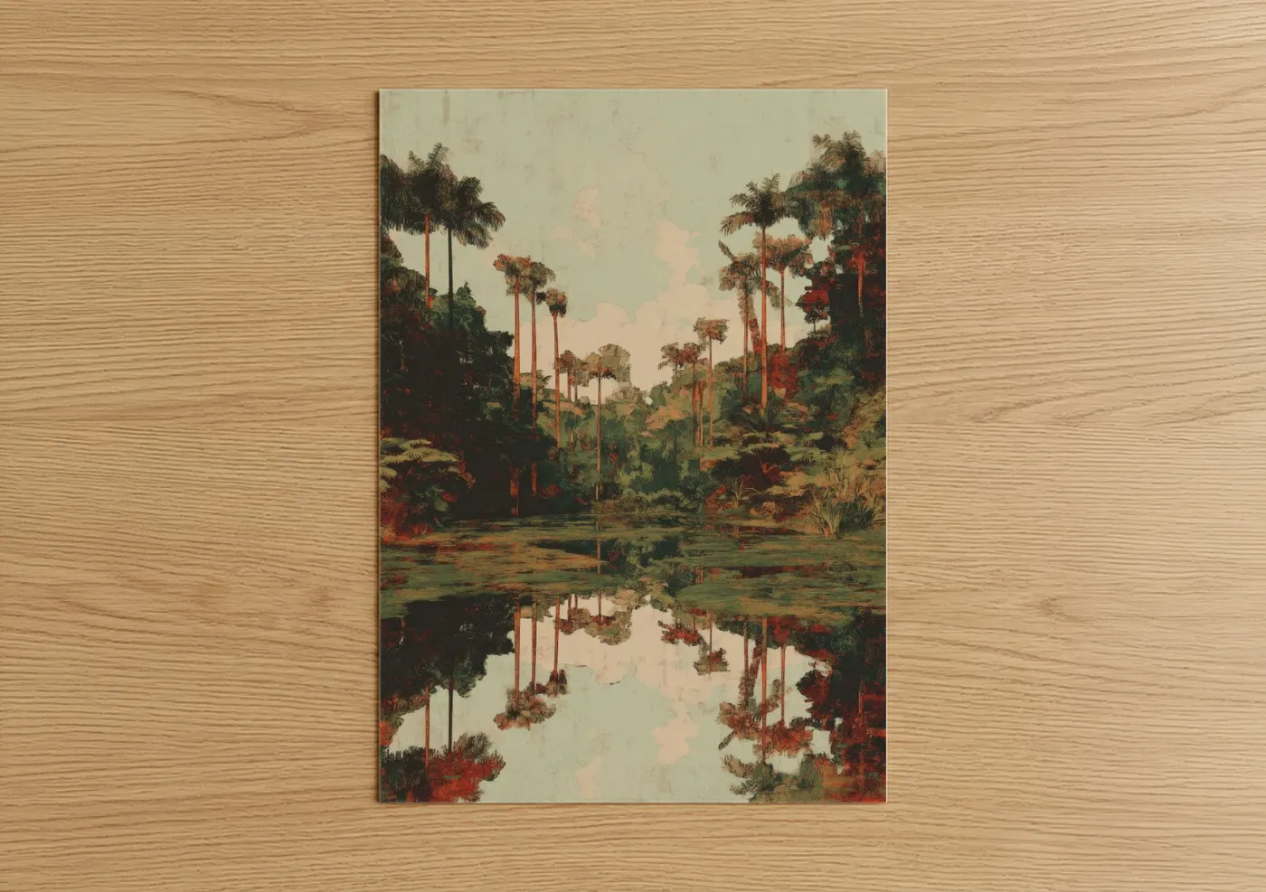 Art print on warm oak wood — cream and olive palette — Mirrored Palm Forest poster