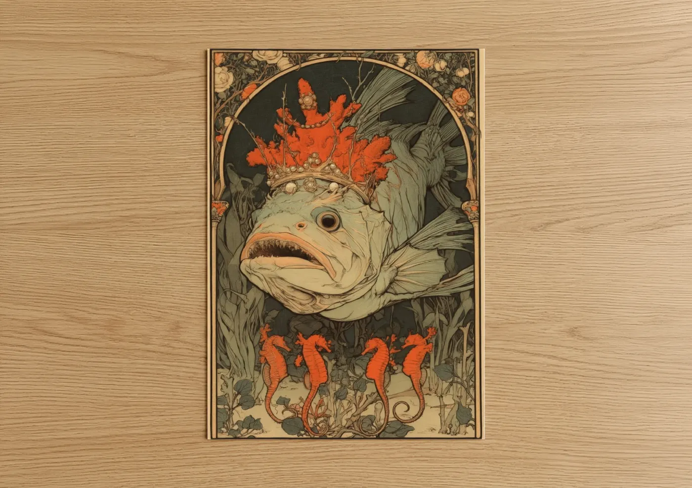 Crowned Dragon Fish Art Deco Illustration Wall Art