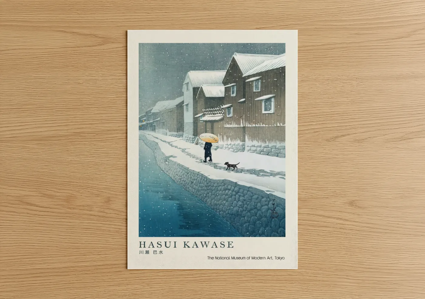 Art print on warm oak wood — bermuda gray and blue palette — Snowy Village Waterway poster