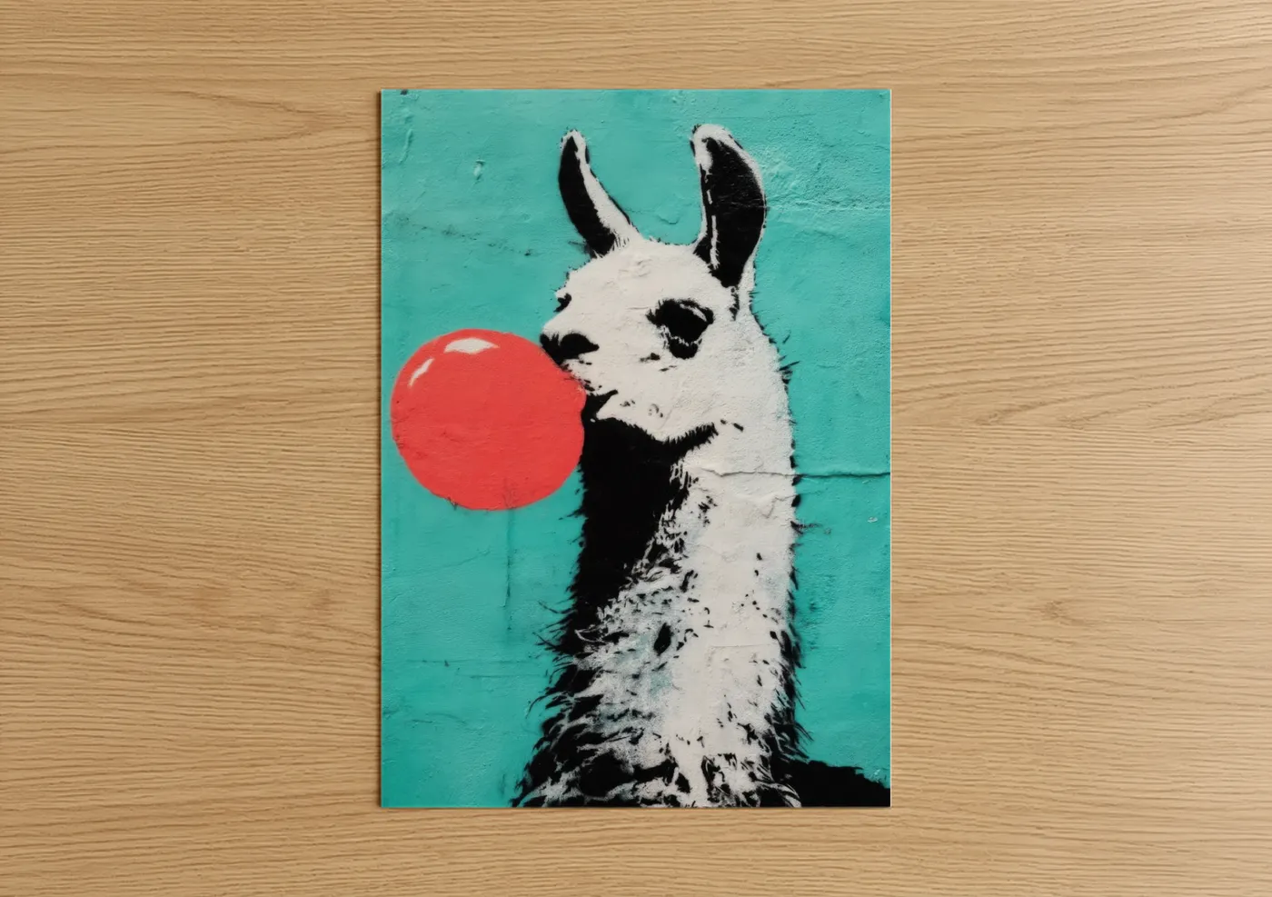 Art print on warm oak wood — turquoise and red palette — Playful Llama poster