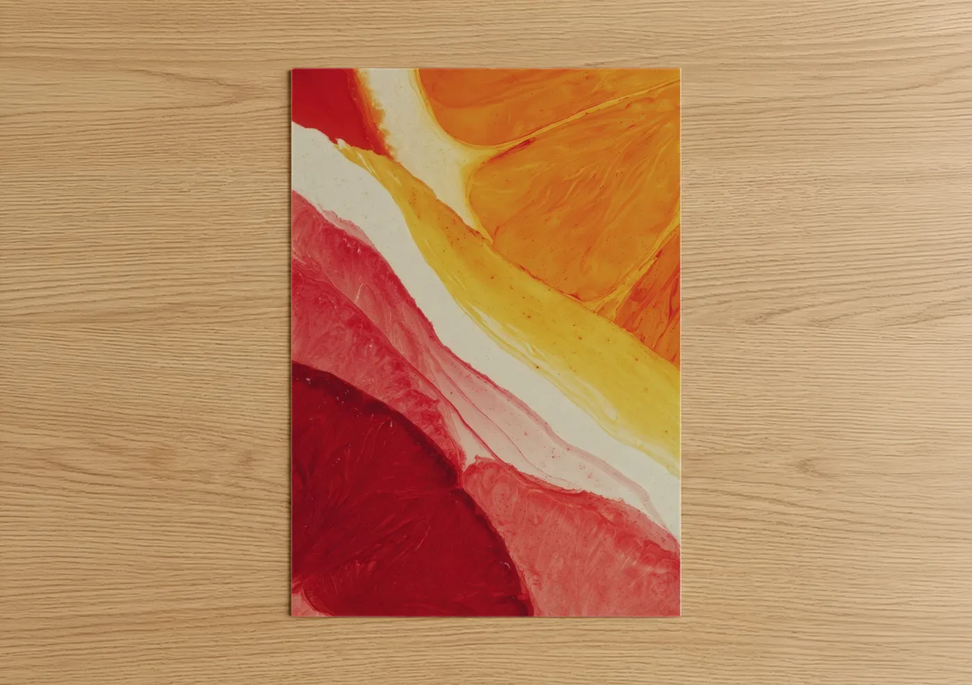 Art print on warm oak wood — red and gold palette — Sunrise Breakfast poster