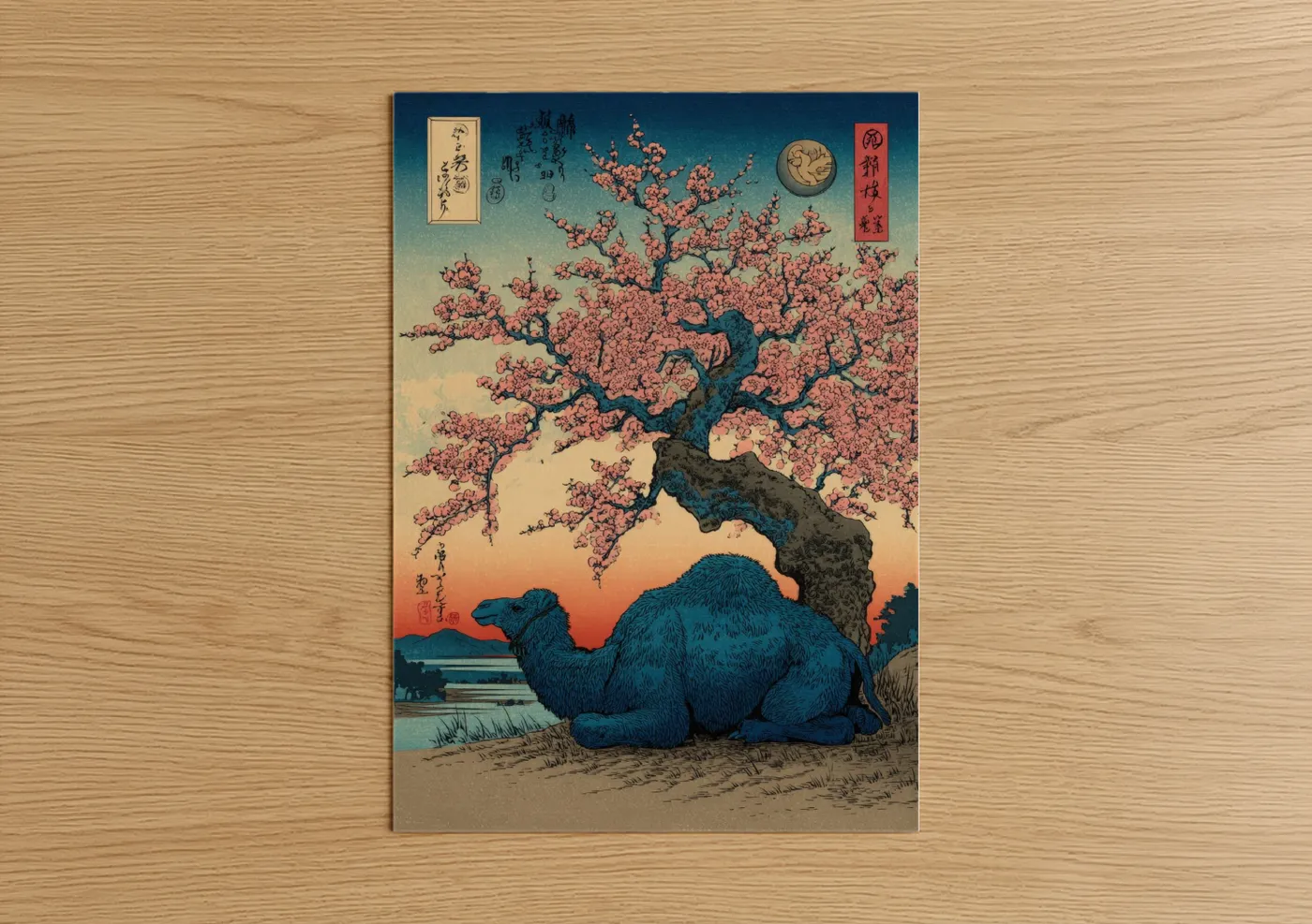 Camel Cherry Blossom Japanese Woodblock Wall Art