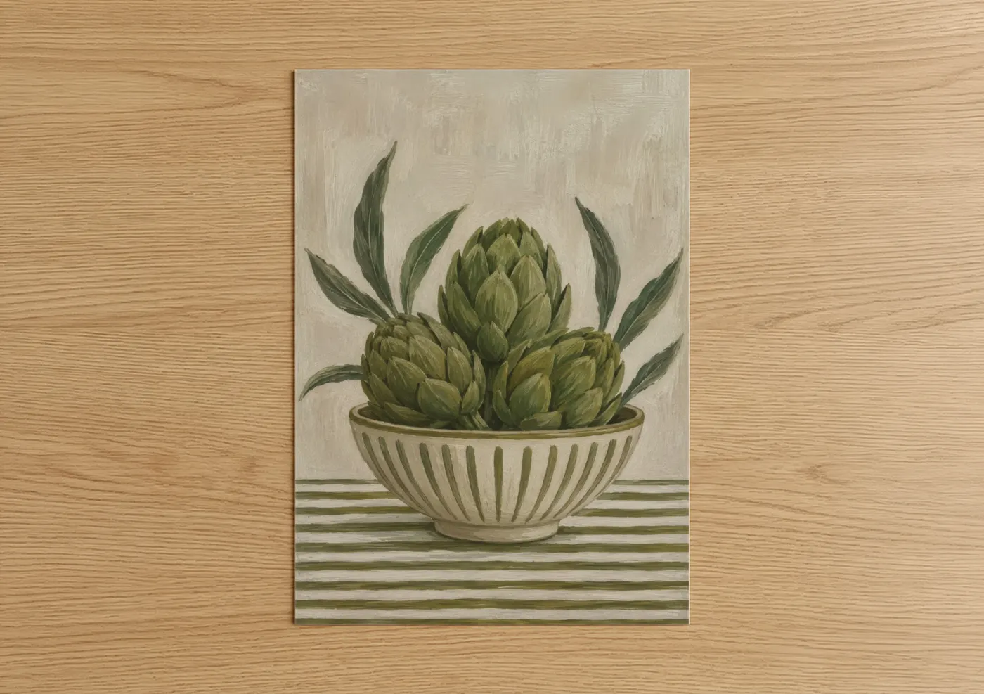 Vegetable art print on warm oak wood — sage green and beige palette — Artichokes in Bowl Kitchen Wall Art poster